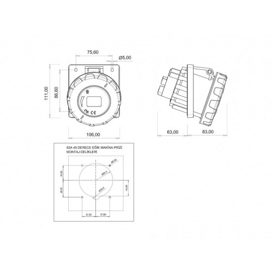 Bemis IP67 CEE Norm 5/63A 45° Eğik Makine Priz 380V-450V BC1-4505-7420