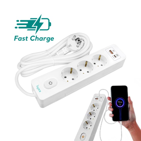Byes BY80-140 3'lü Anahtarlı USB Hızlı Şarjlı 2m Kablolu Topraklı Priz | 20W PD QC Destekli