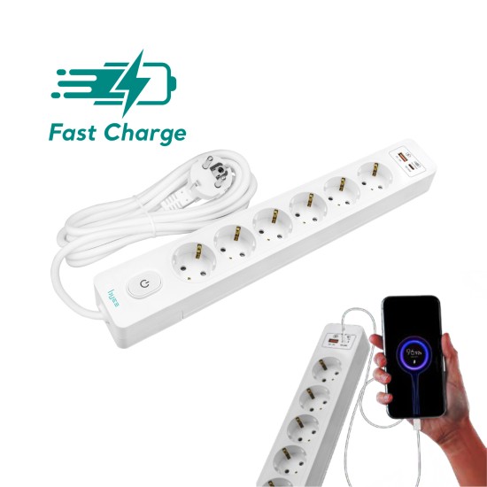 Byes BY80-141 6'lI Anahtarlı USB Hızlı Şarjlı 2m Kablolu Topraklı Priz | 20W PD QC Destekli