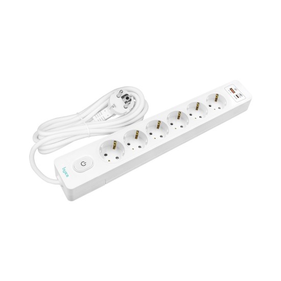 Byes BY80-141 6'lI Anahtarlı USB Hızlı Şarjlı 2m Kablolu Topraklı Priz | 20W PD QC Destekli