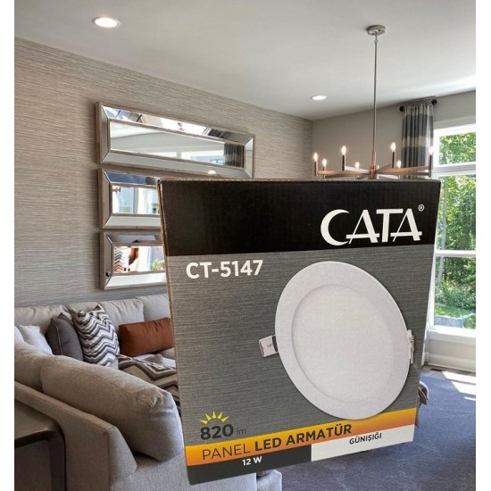 Cata 12 Watt Panel Led Armatür Sıva Altı Yuvarlak CT 5147 Günışığı Sarı Işık 3200K Plastik Kasa