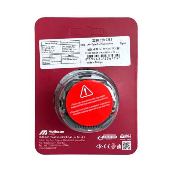Mutlusan Rita Siyah USB + Type-C Topraklı Priz - 2.4A Hızlı Şarjlı