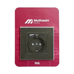Mutlusan Rita Antrasit USB + Type-C Topraklı Priz - 2.4A Hızlı Şarjlı 2220 629 0286 Mutlusan Rita Antrasit USB + Type-C Topraklı Priz - 2.4A Hızlı Şarjlı 2220 629 0286