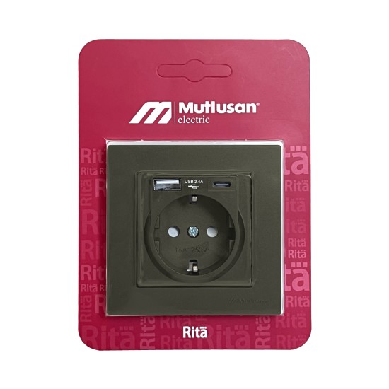Mutlusan Rita Antrasit USB + Type-C Topraklı Priz - 2.4A Hızlı Şarjlı 2220 629 0286
