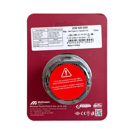 Mutlusan Rita Füme USB + Type-C Topraklı Priz - 2.4A Hızlı Şarjlı