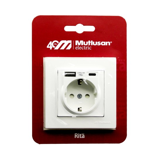 Mutlusan Rita Beyaz USB + Type-C Topraklı Priz - 2.4A Hızlı Şarjlı